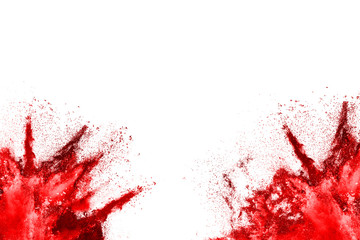 Freeze motion of red powder exploding, isolated on white background. Abstract design of red dust cloud. Particles explosion screen saver, wallpaper