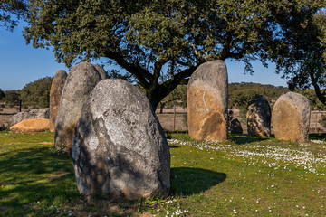 Vale Maria do Meio Cromlech. Megalithic stone circle located near Evora in Portugal.