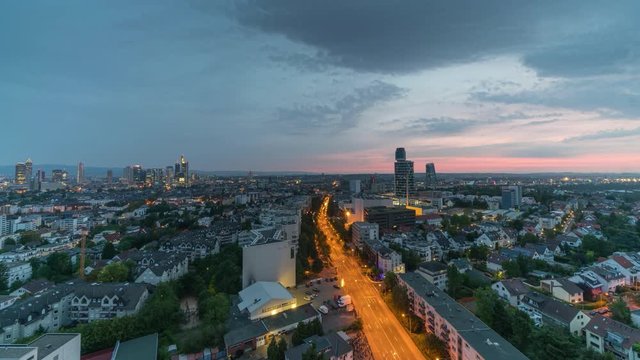 Frankfurt man germany skyline aerial view from top time laps from day to night