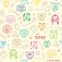 Dogs Vector Seamless pattern. Hand Drawn Doodles Dogs and accessories for pets. Colorful background.