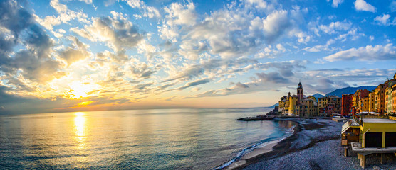 Landscape of Camogli at sunset