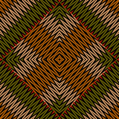 Chevron embroidery tartan vector seamless pattern. Zigzag stitching textured tribal ethnic background. Tapestry repeat zig zag backdrop. Embroidered stripes, zigzag lines, geometric shapes, rhombus