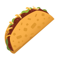 Vector design of a taco with spicy beef, lettuce and grated cheddar cheese.