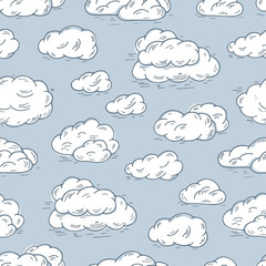 Sky. White clouds on blue background. Clouds Vector Seamless pattern. Hand Drawn Doodle Clouds.