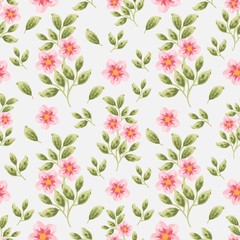 Obraz premium Beautiful summer and spring dog-rose flower seamless pattern. Creative flower and leaf elements for fabric, textile, paper wrappers, greeting card, garden party invitation, romantic events.
