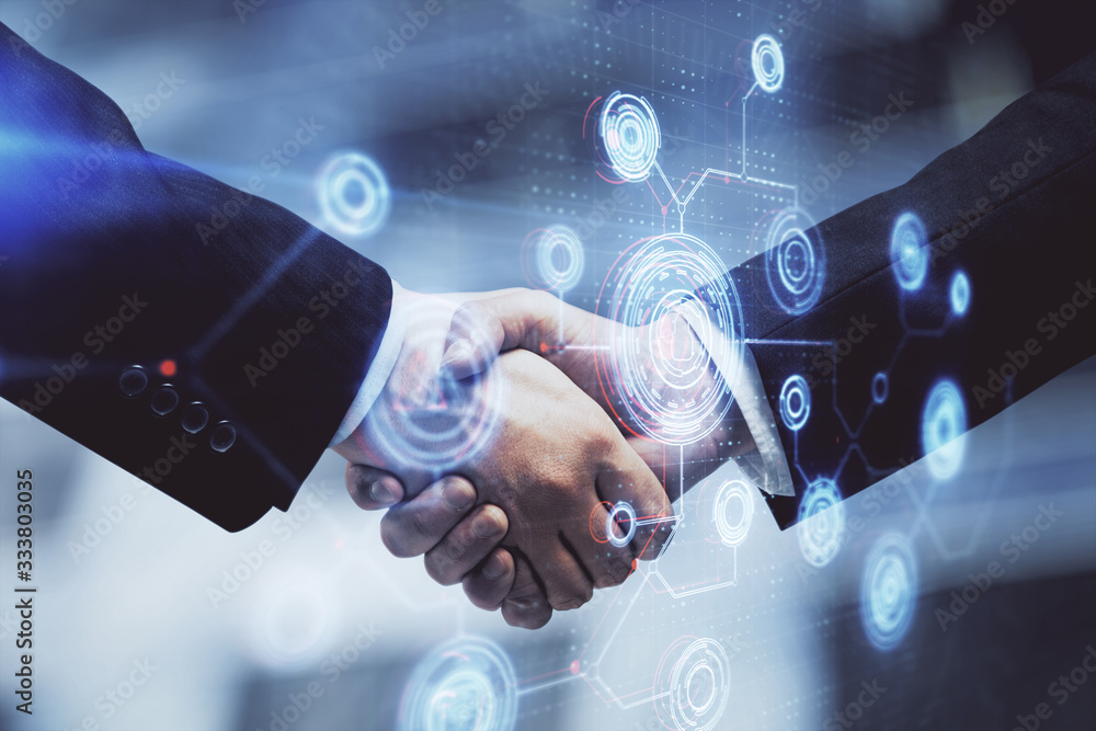 Poster double exposure of data theme hologram and handshake of two men. partnership in it industry concept.