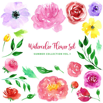 Watercolor loose style flowers and leaves set. Collection of isolated images of pink, red flowers, peony, rose and green leaves. For print, pattern, textile, wallpapers, invitations, cards