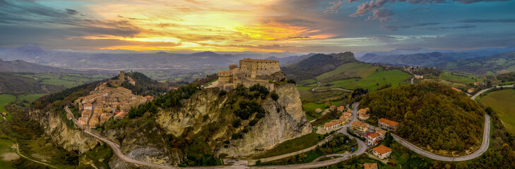 Fototapeta na wymiar Aerial view of San Leo village and fortress in Italy near the Adriatic sea