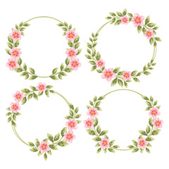 Beautiful and vintage hand drawn sakura flower wreath set. Pink dog-rose flower and green leaf arrangement for wedding invitation or greeting card 
