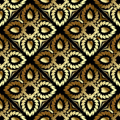 Tapestry gold floral 3d seamless pattern. Embroidery ornamental vector background. Damask grunge vintage golden flowers, shapes. Textured  fabric pattern.  Patterned  embroidered carpet ornaments