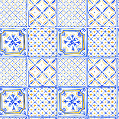 Watercolor blue ornament square seamless pattern - 333805437
