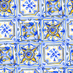 Watercolor blue ornament square seamless pattern
