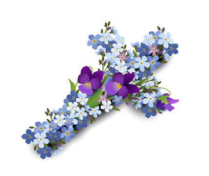 Kreuz aus Vergissmeinnicht und Veilchen Blumen, Vektor Illustration isoliert auf weißem Hintergrund