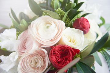 Bouquet of ranunculus of different shades. Beautiful blossoming flower.