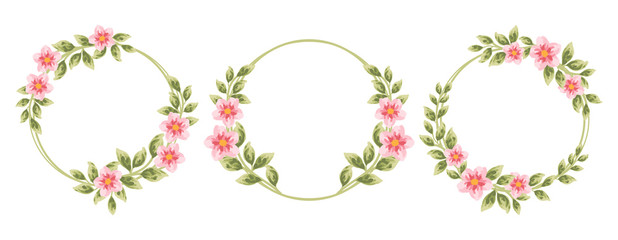 Beautiful and vintage hand drawn sakura and dog-rose flower wreath set. Pink dog-rose flower and green leaf arrangement for wedding invitation or greeting card 