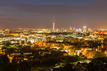 ニュージーランド　オークランドのマウント・ホブソンから見える夜景とライトアップされたスカイタワー