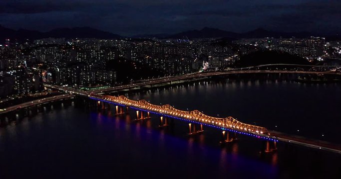 Drone Aerial view of Seoul South Korea at night