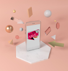 3D Rendering mobile phones 3d mock-up and geometric shapes