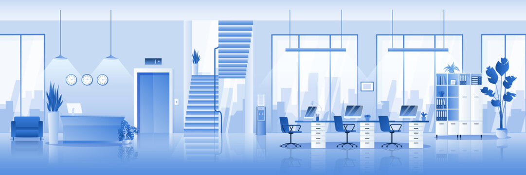 Empty contemporary office interior horizontal background. Vector illustration. Modern workspace design.
