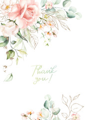 Watercolor floral border / wreath / frame with bright peach color, white, pink, vivid flowers, gold elements, green leaves, for wedding invites, wallpapers, fashion, background, texture, wrapping.
