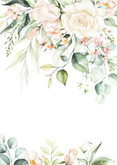 Watercolor floral border / wreath / frame with bright peach color, white, pink, vivid flowers, green leaves, for wedding invites, wallpapers, fashion, background, texture, wrapping.