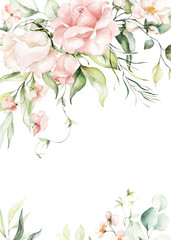 Naklejki  Akwarela kwiatowy obramowanie/wieniec/ramka z jasnym brzoskwiniowym kolorem, białym, różowym, żywymi kwiatami, zielonymi liśćmi, na zaproszenia ślubne, tapety, moda, tło, tekstura, zawijanie.