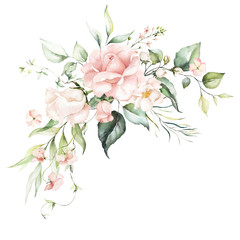 Watercolor floral bouquet - illustration with bright pink vivid flowers, green leaves, for wedding stationary, greetings, wallpapers, fashion, backgrounds, textures, DIY, wrappers, cards.