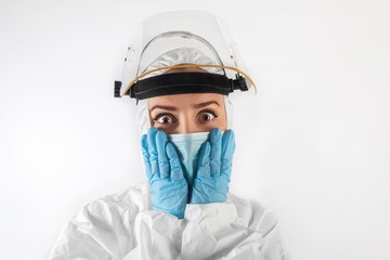 Isolated virus scare caucasian woman in medical uniform and face mask. Concept of covid-19 and Asian flu panic.