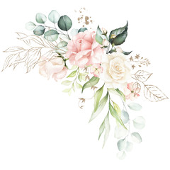 Watercolor floral bouquet - illustration with bright pink vivid flowers, gold elements, green leaves, for wedding stationary, greetings, wallpapers, fashion, backgrounds, textures, wrappers, cards.