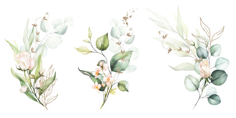 Aquarell-Blumenillustrationsset - Blumen- und grüne Blattgold-Zweig-Blumensträuße-Sammlung, für Hochzeitsbriefpapier, Grüße, Tapeten, Mode, Hintergrund. Eukalyptus, Oliven, grüne Blätter usw.