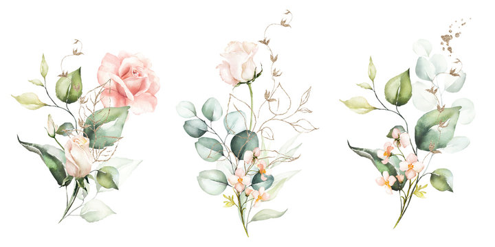 Watercolor floral illustration set - flower and green gold leaf branches bouquets collection, for wedding stationary, greetings, wallpapers, fashion, background. Eucalyptus, olive, green leaves, etc.