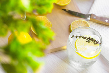 Fresh Sweet Lemonade Water; knife, wood and some plants