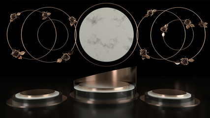 3D rendering black podium geometry with gold elements. Abstract geometric shape blank podium. Minimal scene square step floor abstract composition. Empty showcase, pedestal platform display