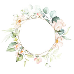 Obraz na płótnie Canvas Watercolor floral frame / wreath - flowers, leaves and branches with gold geometric shape, for wedding invites, greeting cards, wallpapers, fashion, background. Eucalyptus, pink roses, green leaves.
