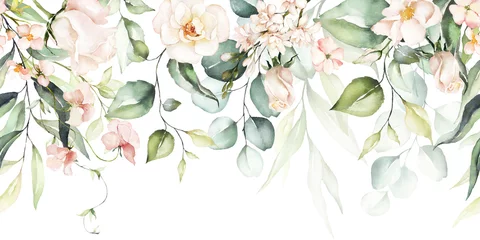 Poster Aquarel naadloze grens - illustratie met felroze levendige bloemen, groene bladeren, voor bruiloft stationair, groeten, wallpapers, mode, achtergronden, texturen, DIY, wrappers, kaarten. © Veris Studio