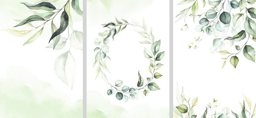 Watercolor floral illustration set - collection of green wreath, frame, bouquet, for wedding stationary, greetings, wallpapers, fashion, posters, background. Eucalyptus, olive, green leaves, etc.