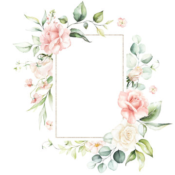 Watercolor floral frame / wreath - flowers, leaves and branches with gold geometric shape, for wedding invites, greetings, wallpapers, fashion, background. Eucalyptus, pink roses, green leaves.