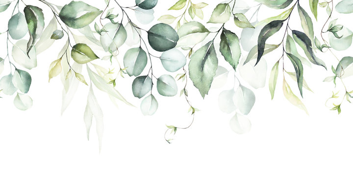 Watercolor seamless border - illustration with green leaves and branches, for wedding stationary, greetings, wallpapers, fashion, backgrounds, textures, DIY, wrappers, cards.