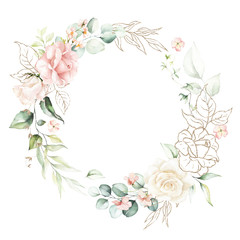 Fototapeta na wymiar Watercolor floral wreath / frame with green leaves, pink peach blush gold elements and branches, for wedding stationary, greetings, wallpapers, fashion, background. Eucalyptus, olive, green leaves.