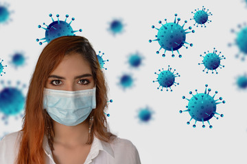 Woman with mask and virus behind
