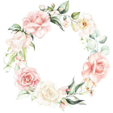 Watercolor floral wreath / frame with green leaves, pink peach blush flowers and branches, for wedding stationary, greetings, wallpapers, fashion, background. Eucalyptus, olive, green leaves, rose.