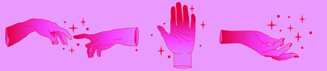 Hand drawn palms and arms in simple line art style. Vector illustration for tattoo design or fashion print.