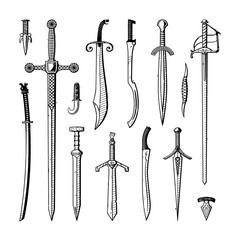 Vector ink illustrations of hand-drawn antique, medieval, and renaissance blades (katana, long sword, dagger, gladius) and other oriental, roman, european and middle-eastern blades isolated on white.