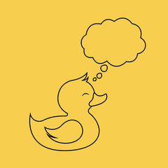 Duck and thought bubble thinking cloud line vector icon illustration isolated on yellow background