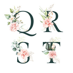Dark Green Floral Alphabet Set Collection - letters Q, R, S, T with peach pink white gold botanic flower branch bouquets composition. Wedding invitations, baby shower, birthday, other concept ideas.