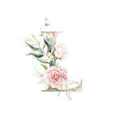 Gold Green Floral Alphabet - letter L with peach pink white gold green botanic flower branch bouquet composition. Unique collection for wedding invites decoration, birthdays & other concept ideas.