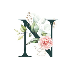 Dark Green Floral Alphabet - letter N with peach pink gold green botanic flower branch bouquet composition. Unique collection for wedding invites decoration, birthdays & other concept ideas.