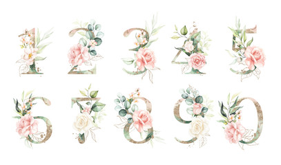 Gold Green Floral Number Set - digits 1, 2, 3, 4, 5, 6, 7, 8, 9, 0 with peach pink white gold botanic flower branch bouquets. Wedding invitations, baby shower, birthday, other concept ideas.