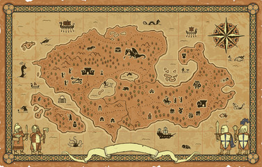 Framed medieval fantasy map on a parchment background with a banner, knights, a compass and many icons: castle, dragon, ships, magician, warriors, dungeon, goblin, skeleton, catapult, archers, etc. © Fantasy Maps