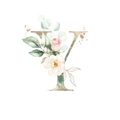 Gold Green Floral Alphabet - letter Y with peach pink white gold green botanic flower branch bouquet composition. Unique collection for wedding invites decoration, birthdays & other concept ideas.
